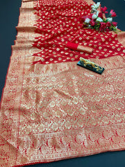 Saree 5481894 Deep Red Banarsi Silk Finish Kanjiviram Saree Shieno Sarees