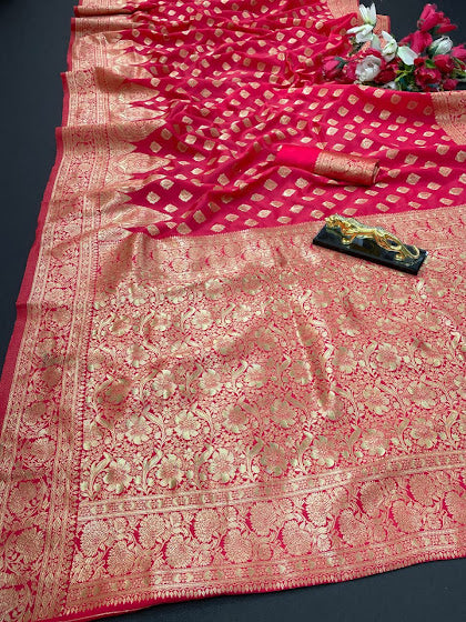 Saree 5481895 Light Red Banarsi Silk Finish Kanjiviram Saree Shieno Sarees