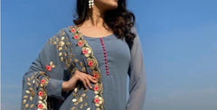 Suit 6381220 Solid Gray Embroidered Sharara Kameez Dupatta Medium Size Suit