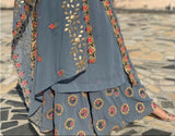 Suit 6381220 Solid Gray Embroidered Sharara Kameez Dupatta Medium Size Suit