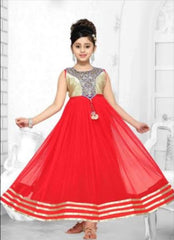 Girls 7207 Red Net Flared Gown Dress Gold Detail