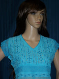 Blouse 017 Cotton Turquoise Crochet Hand Embroidered Medium Size Shieno