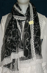 Scarf 1727 Black Net White Embroidered Scarf Dupatta Chunni Shieno