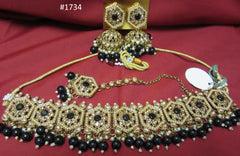 Necklace 3051734 Indian Designer Gold Finish Black Beads Guloband Necklace Set