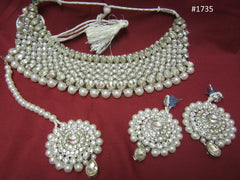 Necklace 3051735 Indian Designer Silver Finish Pearl Beads Guloband Necklace Set