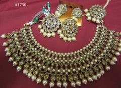 Necklace 3051736 Indian Designer Gold Finish Pearl Beads Guloband Necklace Set