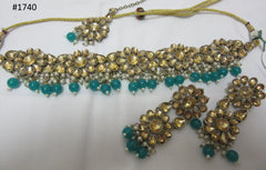 Necklace 3051740 Indian Designer Gold Finish Green Beads Guloband Necklace Set