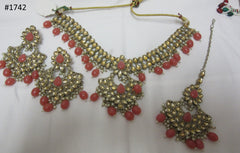 Necklace 3051742 Indian Designer Gold Finish Pink Beads Necklace Set