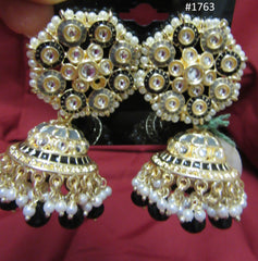 Earrings 3051763 Indian Designer Golden Pearl Black Beads Jhumka