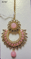 Tikka 3051768 Indian Designer Maang Tikka Golden CZ Pink Firozi