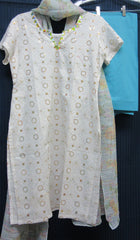 Salwar Suit 2160 White Cotton Sequin Florets Medium Size Salwar Kameez Dupatta