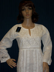 Blouse 2791 White Cotton Lucknawi Tunic Top Kurti Shirt (S) Shieno