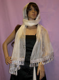 Silk Scarf 2891 Dupatta Stole Silver Fringe Ivory Shieno Sarees