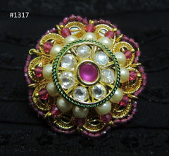 Ring 3051317 Indian Designer Finger Ring Golden Pink Stones Pearls Shieno Sarees