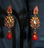 Earrings Golden Kundan Zircon Red Green Stones