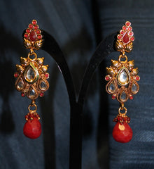 Earrings Golden Kundan Zircon Red Green Stones