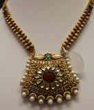 Necklace Set 4492 Golden Zircon Red Green Pearls Indian Necklace Shieno Sarees