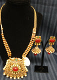 Necklace Set 4492 Golden Zircon Red Green Pearls Indian Necklace Shieno Sarees