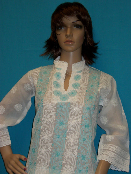 Blouse 478 White Cotton Embroidered Tunic Top Kurti Medium M Size