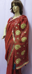 Saree 4929 Readymade Red Chiffon Gold Detail Pre Stitched Sari For Women