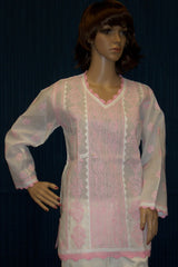 Blouse 054 Cotton White Pink Hand Embroidered Tunic Top Kurti Size Medium