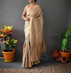 Saree 5481191 Kanjeevaram Beige Silk Gold Zari Traditional