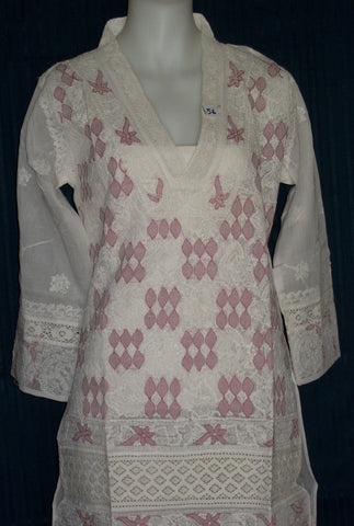 Blouse 056 Cotton Organdy White Hand Embroidered Tunic Top Kurti Medium Size