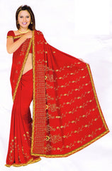 Saree 579 Red Chiffon Party Wear Sari Shieno Sarees