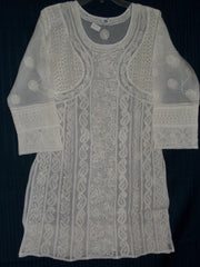 Blouse 057 White Cotton Hand Embroidered Tunic Kurti Medium Size