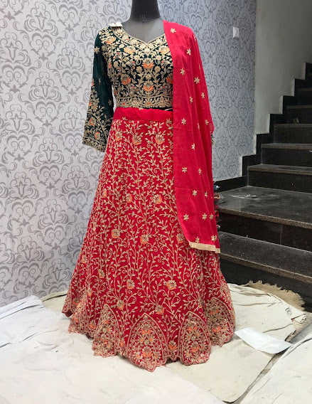 Lehenga 5801179 Red Green Georgette Lehenga Set Medium Size Choli