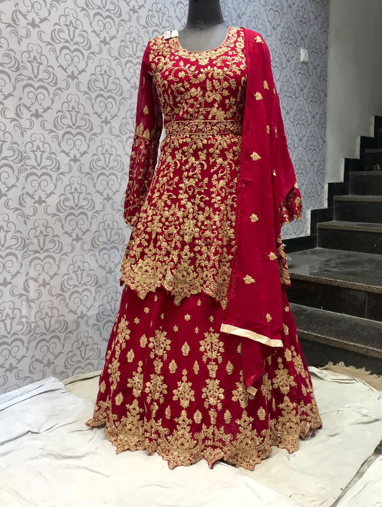 Red Designer Bridal Lehenga with Embroidered Kurti for Nikah -