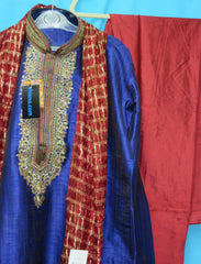 Men's Kurta 5934 Blue Rainbow Silk Kurta Red Silk Pajama Gold Zari Dupatta