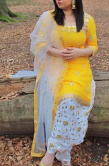 Suit 6381470 Yellow White Silk Gold Zari Salwar Kameez Dupatta Medium Size Suit