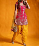 Suit 6381471 Fuchsia Yellow Silk Silver Gold Detail Salwar Kameez Dupatta Medium Size Suit