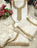 Suit 6381472 White Silk Gold Detail Salwar Kameez Dupatta Medium Size Suit