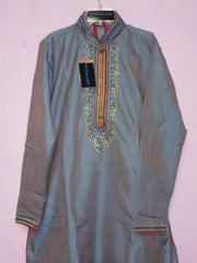 Men's 7031 Party Wear Blue Slub Kurta and Salwar Set Small Size