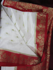 Saree 7166 White Red Indian South Silk Sari