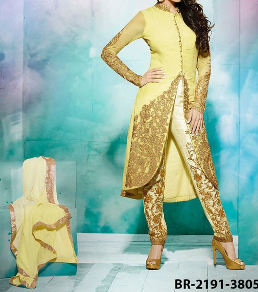 Flared Suit 7189 Yellow Georgette Medium Size Golden Detail Shieno