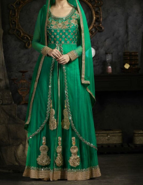 Flared Suit 7195 Green Net Large Size Gold Detail Sharara Shieno