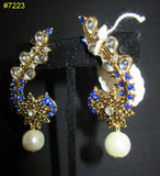 Earrings 7223 Golden Star Blue Stones Dangling Pearl