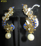 Earrings 7223 Golden Star Blue Stones Dangling Pearl