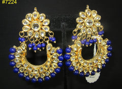 Earrings 7224 Golden Crown Blue Beads Rhinestones Earrings
