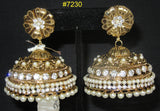 Earrings 7230 Golden Jhumka Flower Pearls Rhinestones Earrings