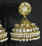 Earrings 7230 Golden Jhumka Flower Pearls Rhinestones Earrings