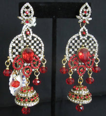Earrings 7322 Golden Chandelier Jhumki Red Crystal Stones Earrings