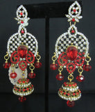 Earrings 7322 Golden Chandelier Jhumki Red Crystal Stones Earrings