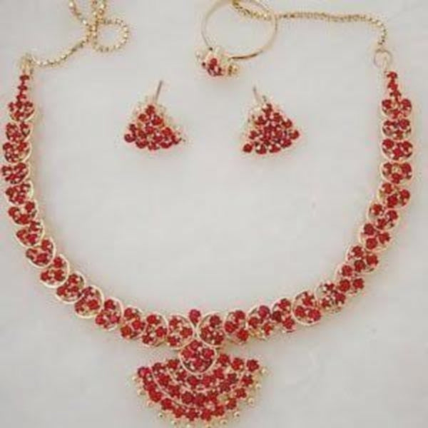 Necklace Set 7372 Golden Red CZ Ornate Necklace Earrings Jewelry Set
