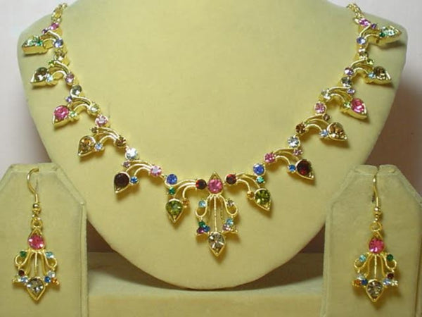 Necklace Set 7375 Golden Multi Color CZ Ornate Necklace Earrings Jewelry Set