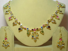 Necklace Set 7375 Golden Multi Color CZ Ornate Necklace Earrings Jewelry Set