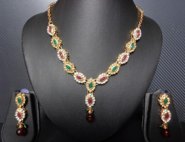 Necklace Set 7378 Golden Red Green CZ Ornate Necklace Earrings Jewelry Set